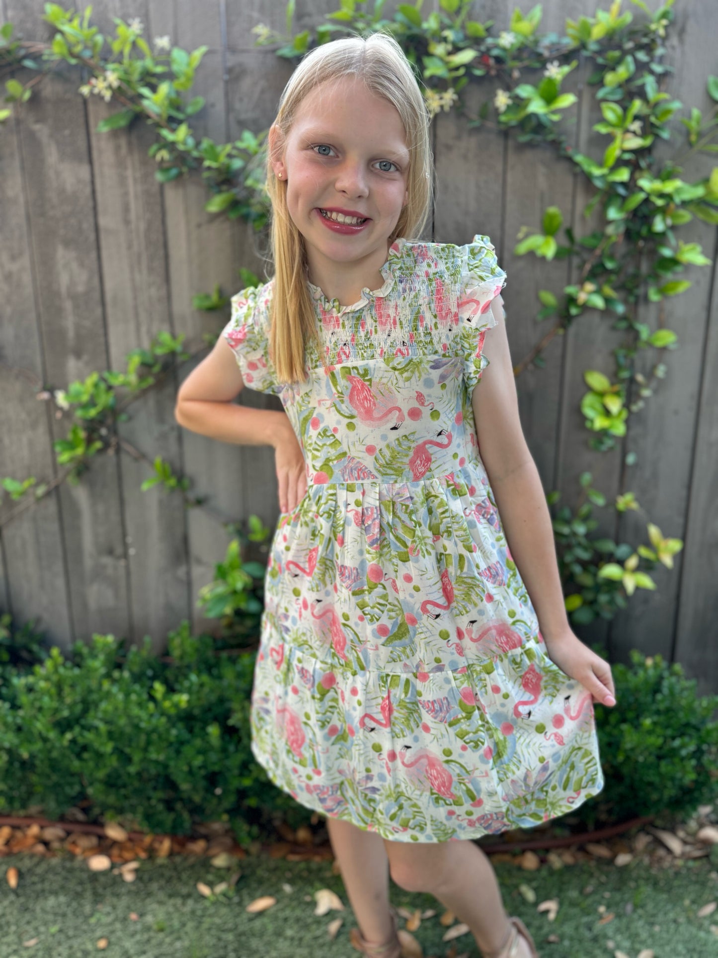 Caitlyn Flamingo Print Smocked Ruffled Dress