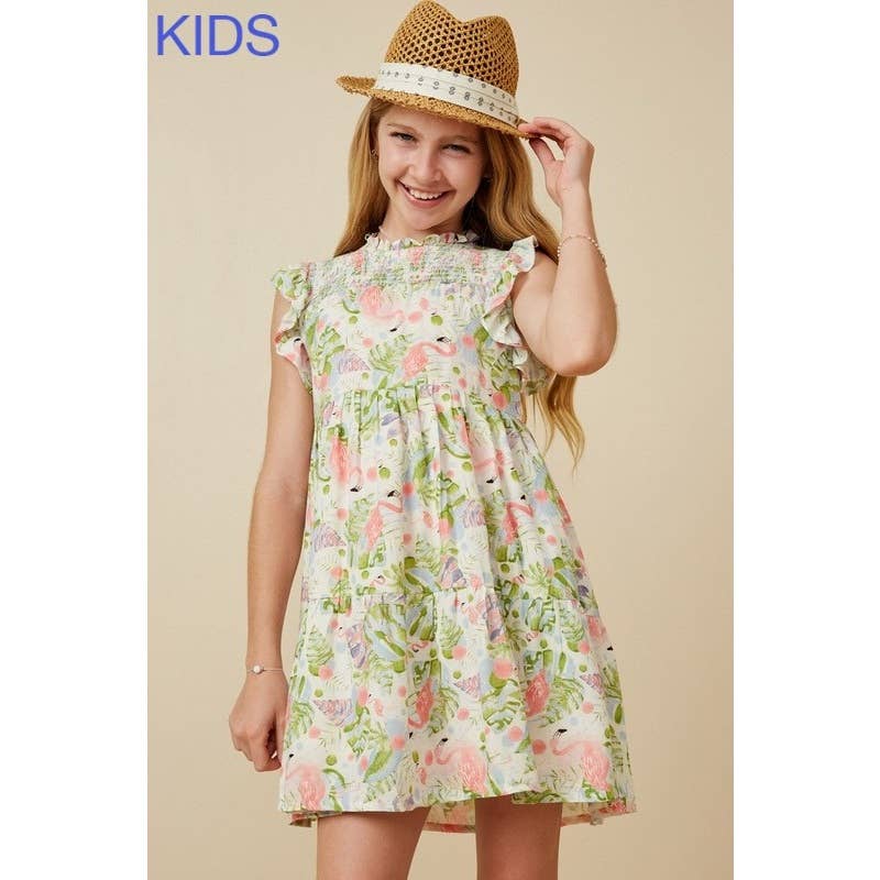 Caitlyn Flamingo Print Smocked Ruffled Dress