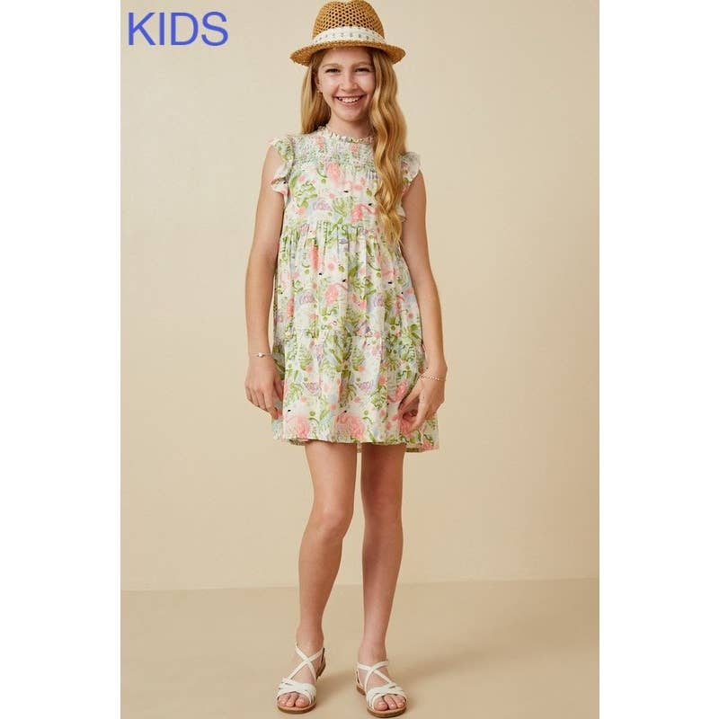 Caitlyn Flamingo Print Smocked Ruffled Dress