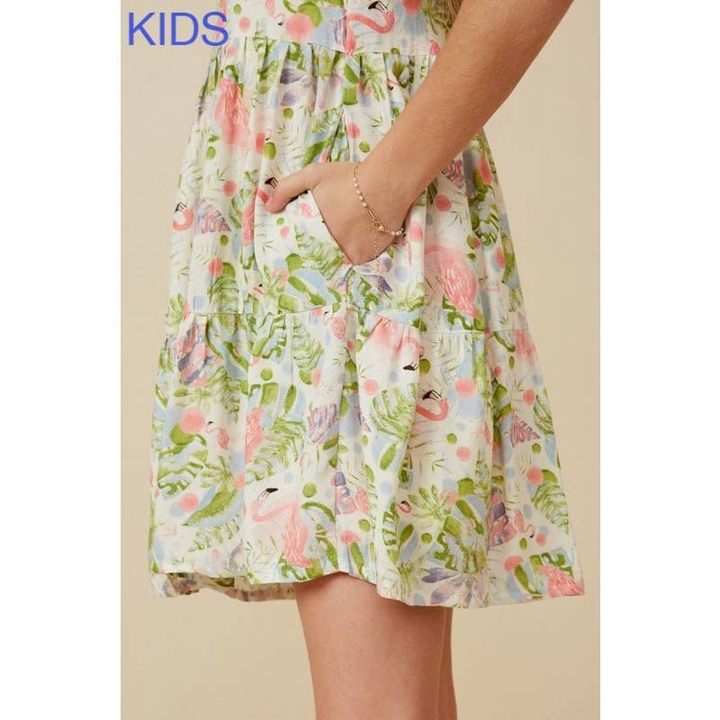 Caitlyn  Flamingo Print Smocked Ruffled Dress