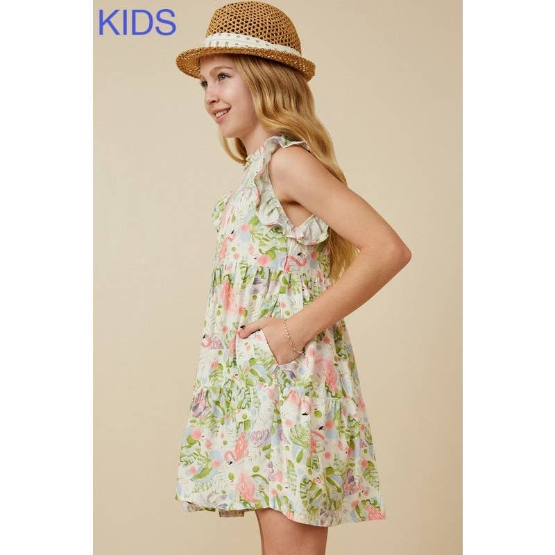 Caitlyn  Flamingo Print Smocked Ruffled Dress