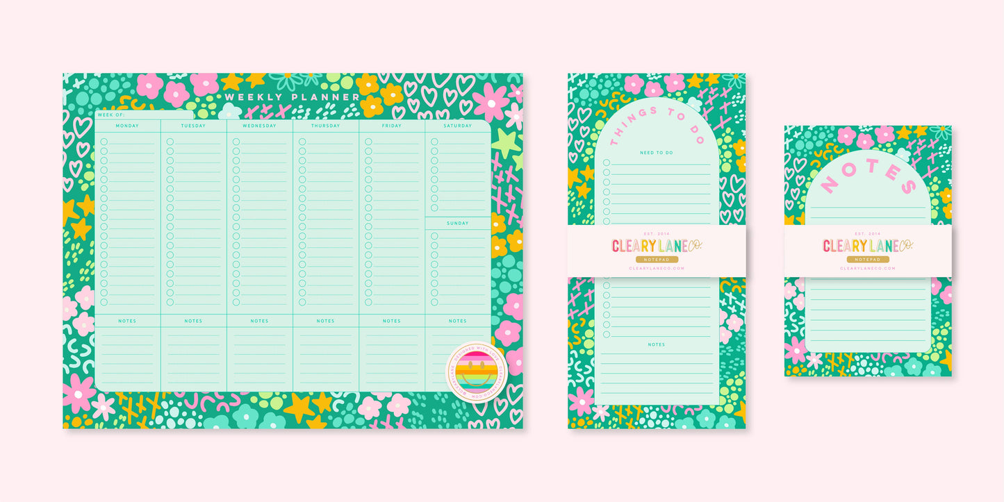 Weekly Planner Notepad | 8.5"x11" | Emerald Rainbow Garden