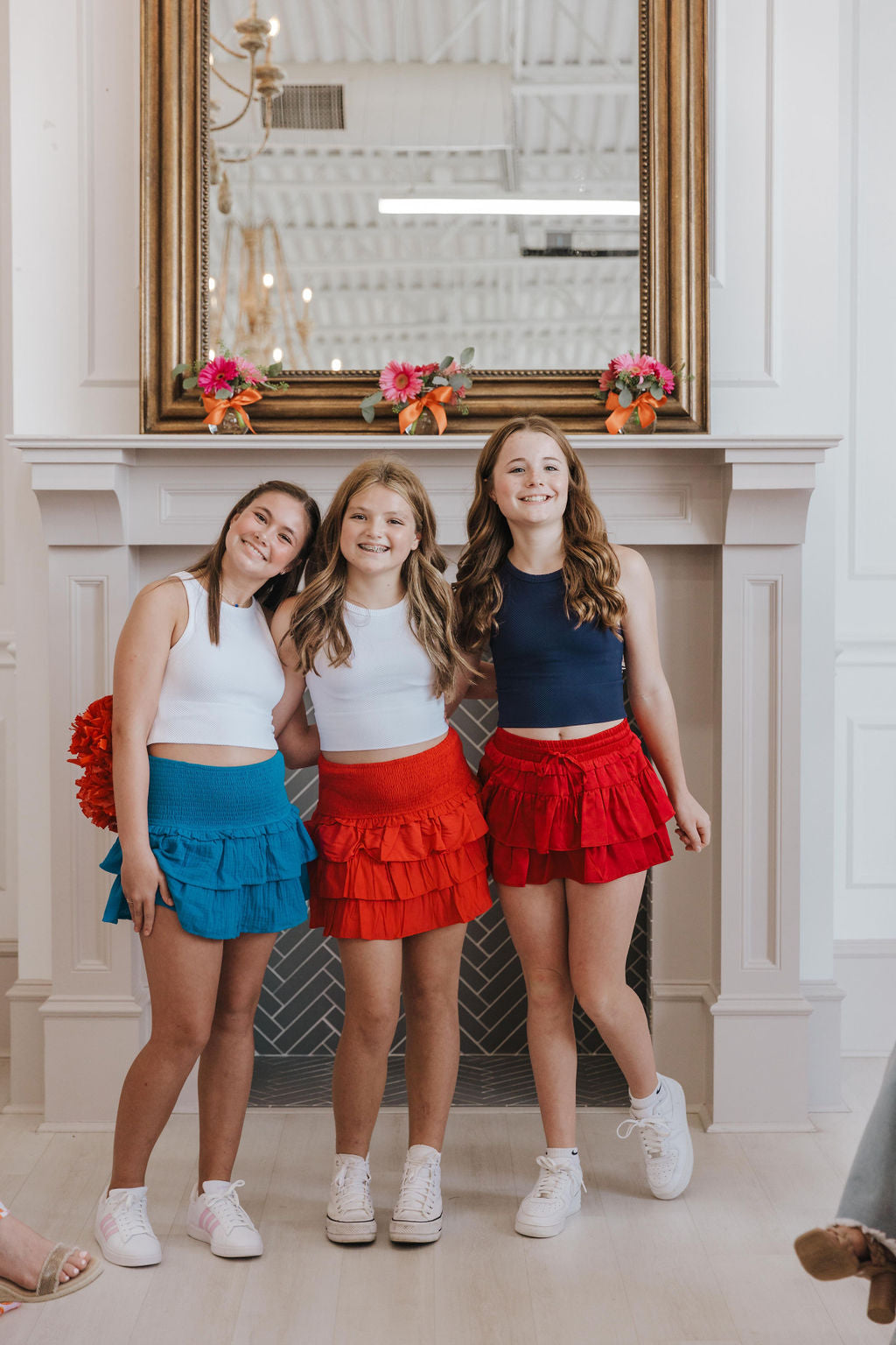 (Adult) Red Smocked Waist Ruffle Mini Skirt