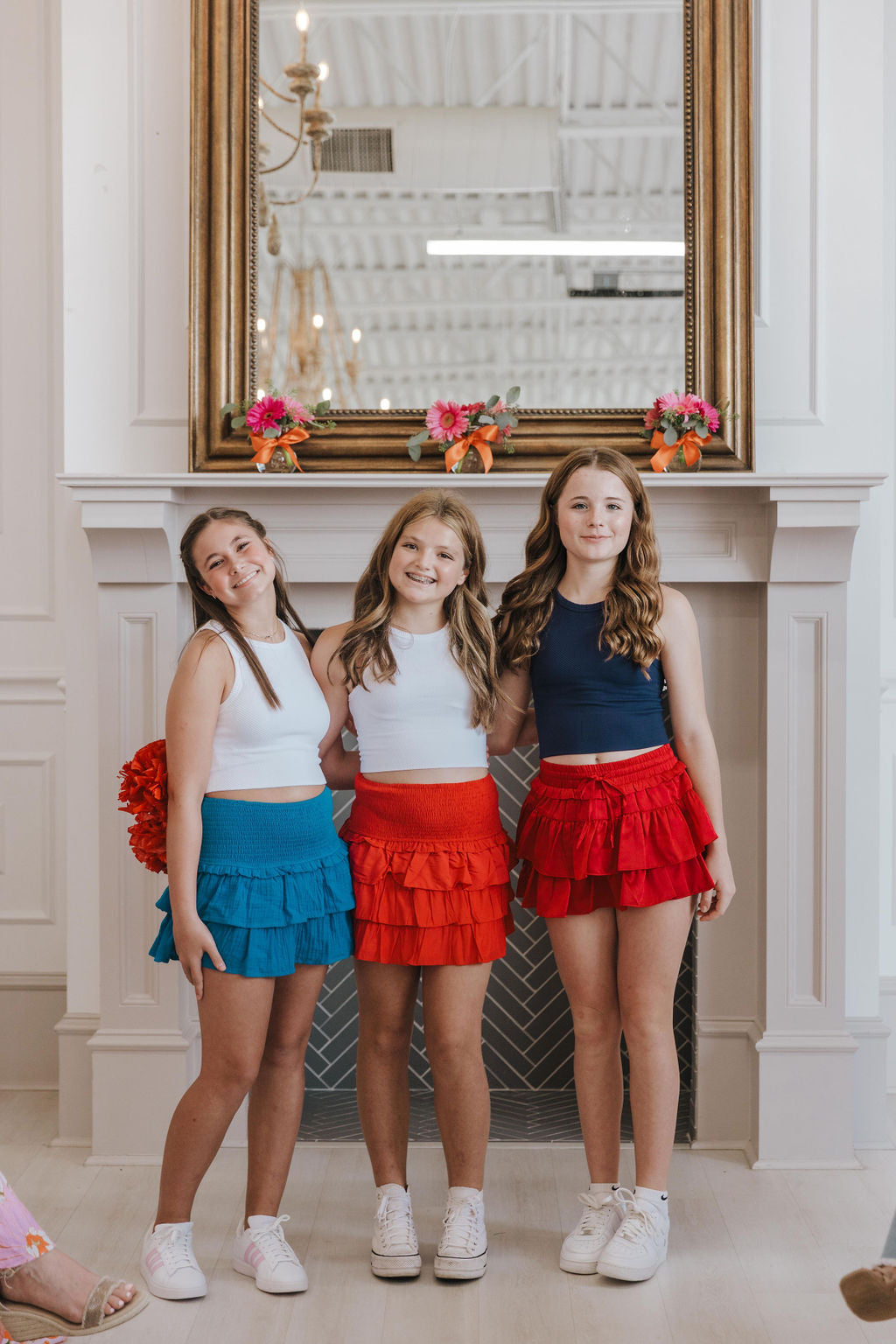 (Adult) Red Smocked Waist Ruffle Mini Skirt