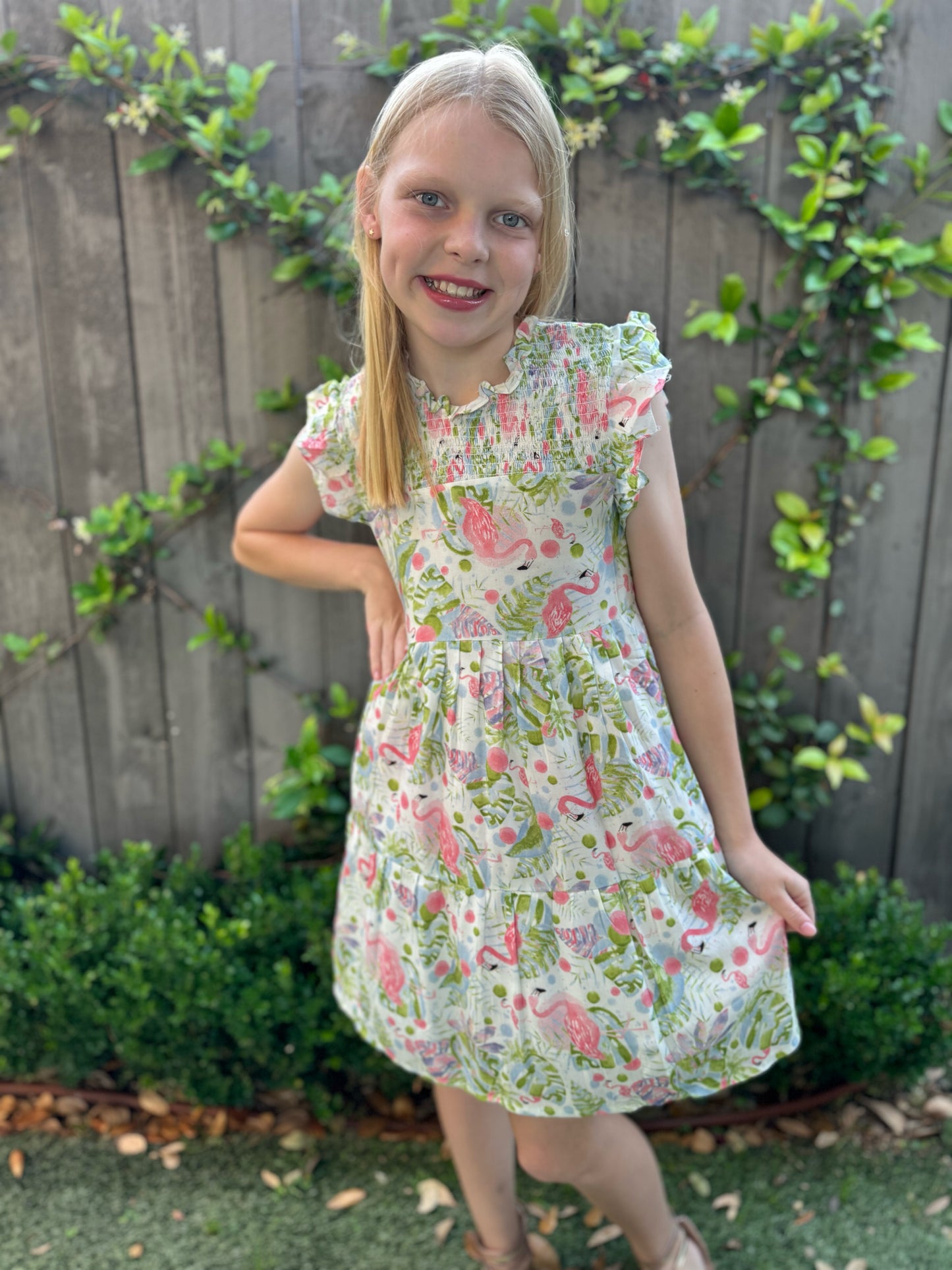 Caitlyn  Flamingo Print Smocked Ruffled Dress