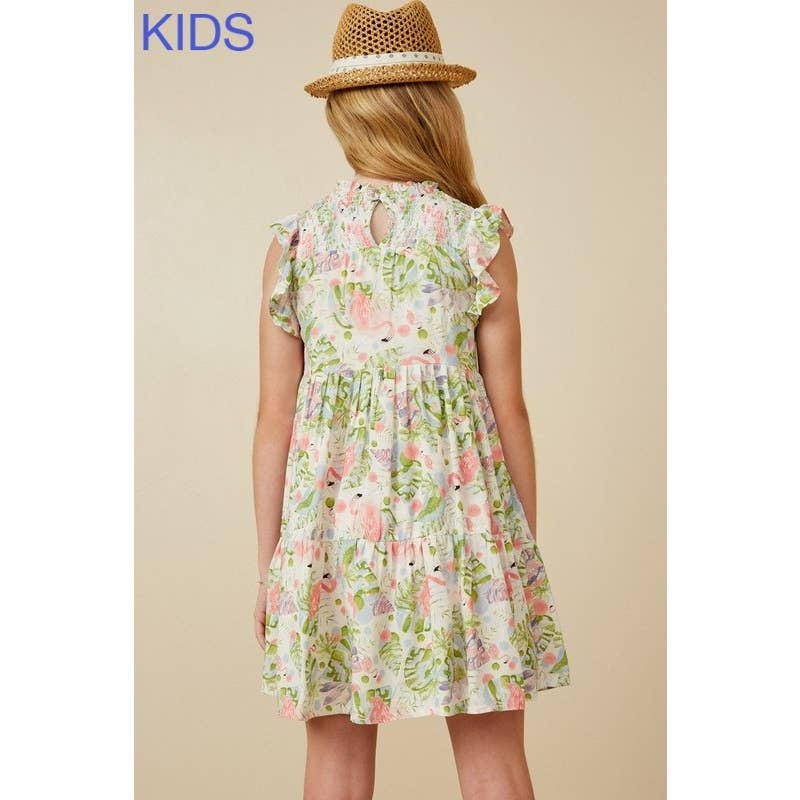 Caitlyn  Flamingo Print Smocked Ruffled Dress