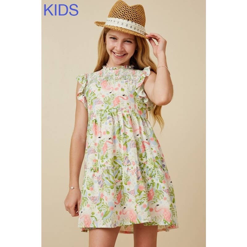 Caitlyn  Flamingo Print Smocked Ruffled Dress