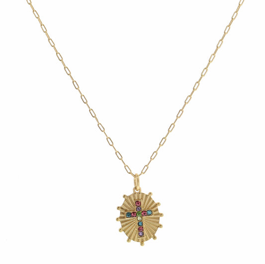 Kids 14" Crystal Cross on Gold Disc with Studs Necklace