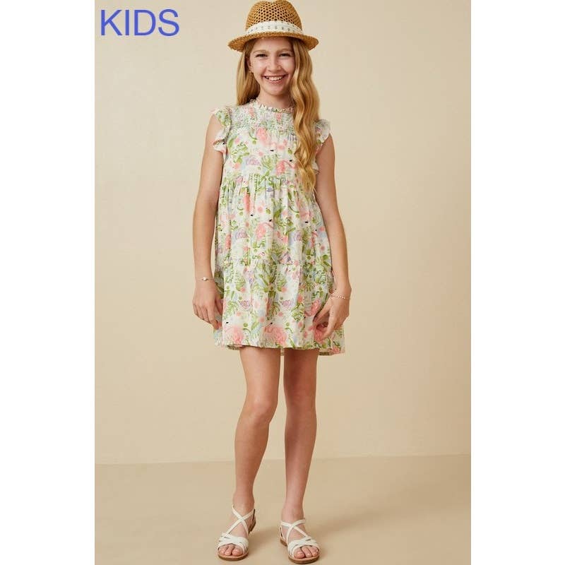 Caitlyn  Flamingo Print Smocked Ruffled Dress